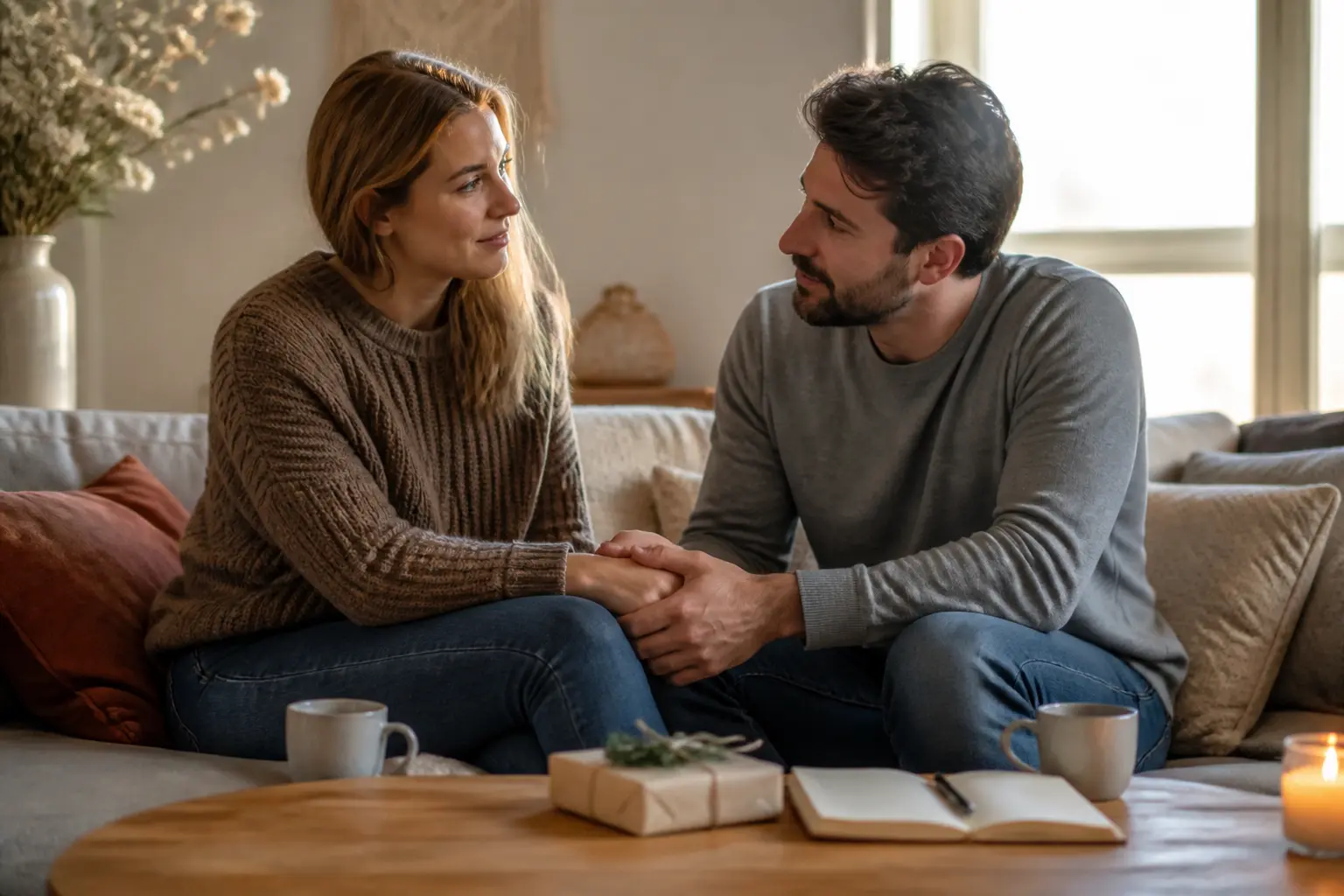 Couple sur un canapé, main dans la main, illustrant les 5 langage de l amour dans un intérieur chaleureux.