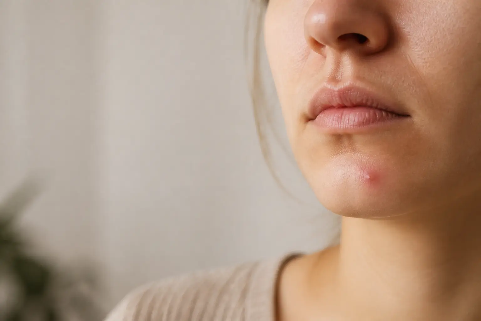 Bouton sur le menton signification : gros plan d’un jeune adulte avec un bouton inflammé au menton, fond neutre naturel.