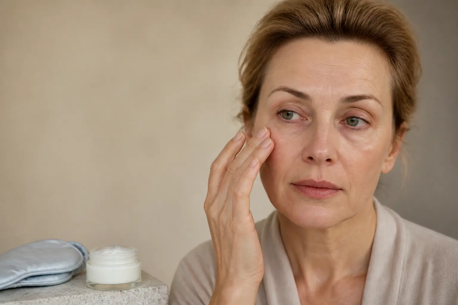 Comment enlever les poches sous les yeux : femme mûre touchant son contour de l’œil, crème et fond neutre, style éditorial