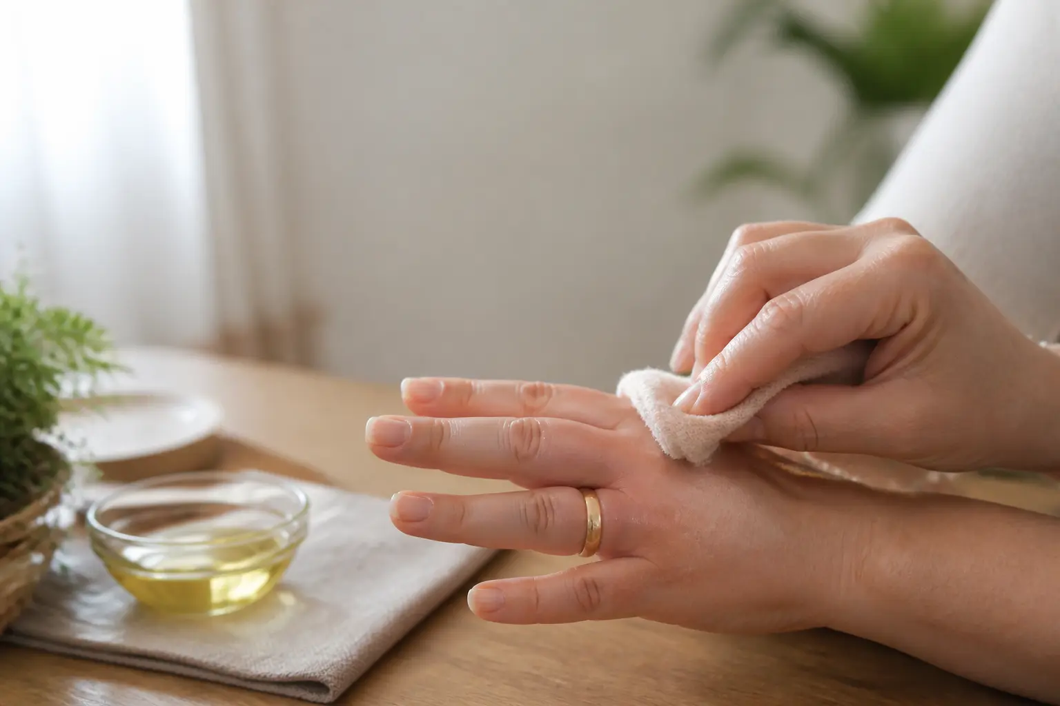 Comment enlever une bague trop serrée : doigt gonflé, main retirant l’anneau avec un chiffon et du lubrifiant.