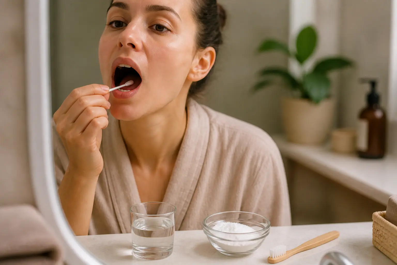 Comment faire partir les aphtes : personne rinçant sa bouche avec gel apaisant, eau, brosse souple et bicarbonate.