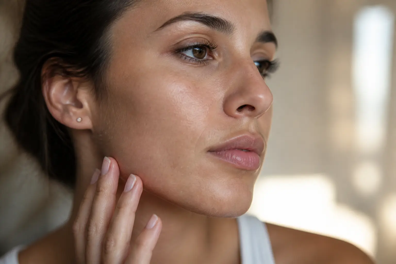 Duvet femme visible sur le visage d’une femme adulte, regard calme, main sur la mâchoire, lumière naturelle douce