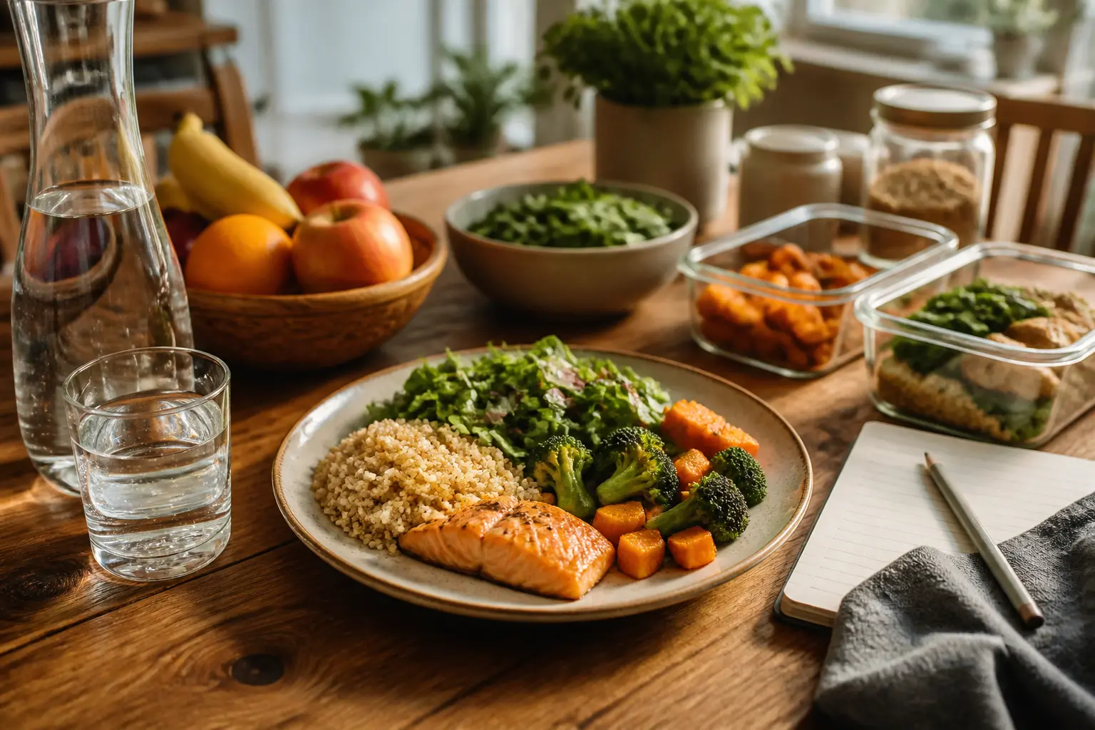 Rééquilibrer son alimentation dans une cuisine chaleureuse avec repas équilibré, carnet, liste de courses et boîtes repas