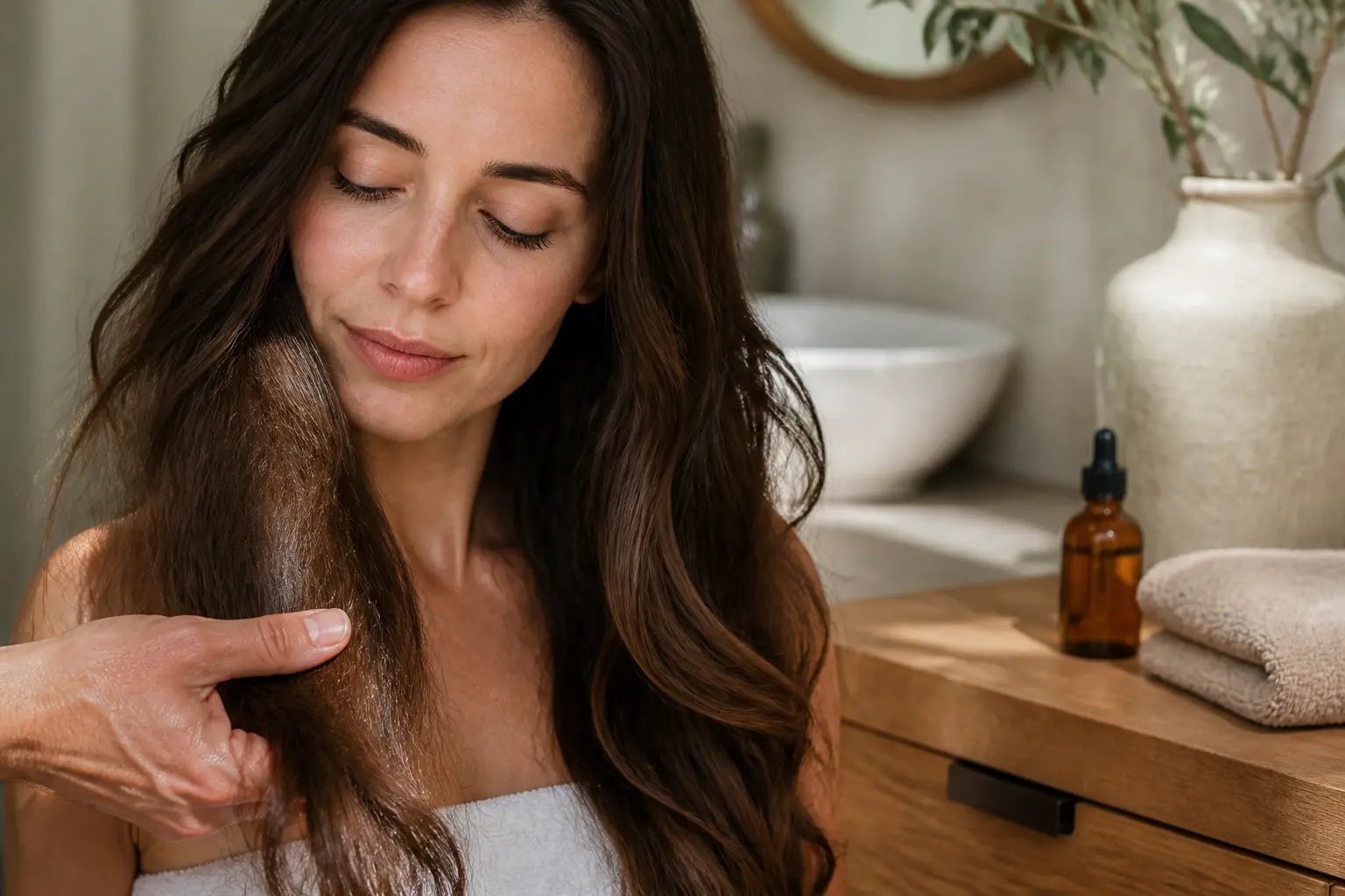 Cheveux hydratés et brillants, examinés à la main, avec acide hyaluronique cheveux en routine soin douce et naturelle