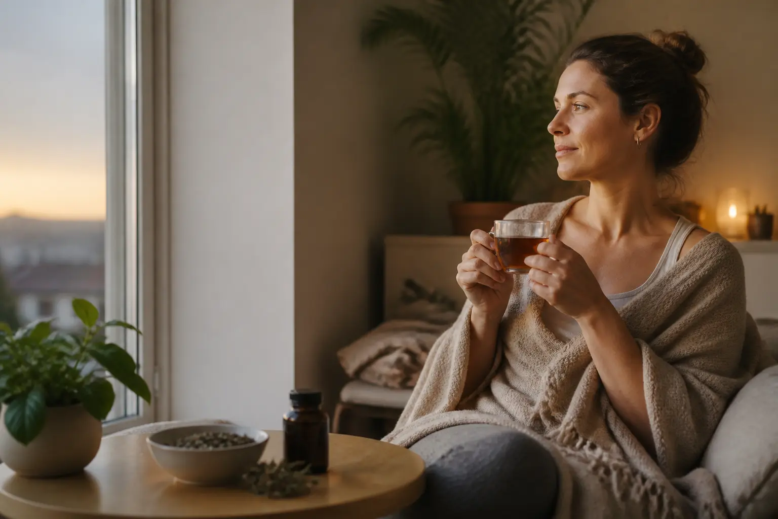 Femme sereine chez elle avec tisane, plaid et plantes, illustration d’un anti stress naturel en soirée, ambiance apaisante