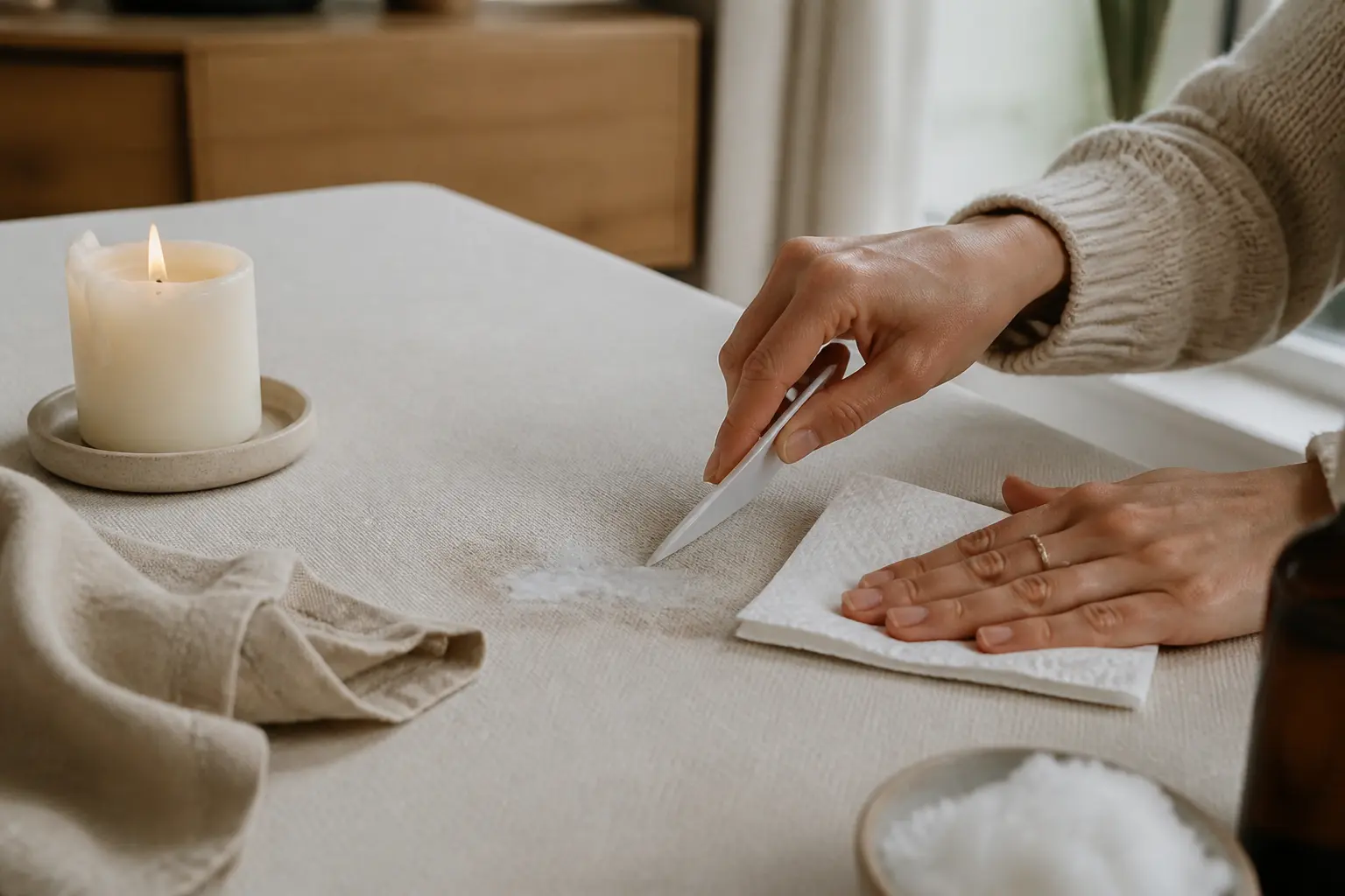 Astuce de grand-mère pour enlever la cire : main retirant la cire d’une table ou d’un tissu avec une carte et un essuie-tout