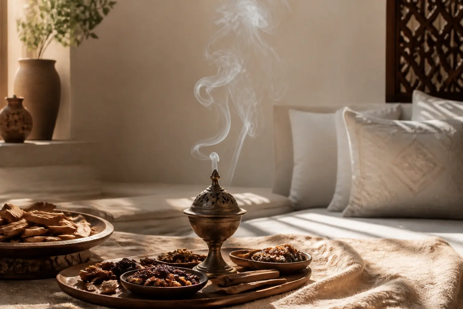 Intérieur élégant avec bakhoor sur plateau en bois, fumée douce, résine et bois, ambiance chaleureuse et raffinée