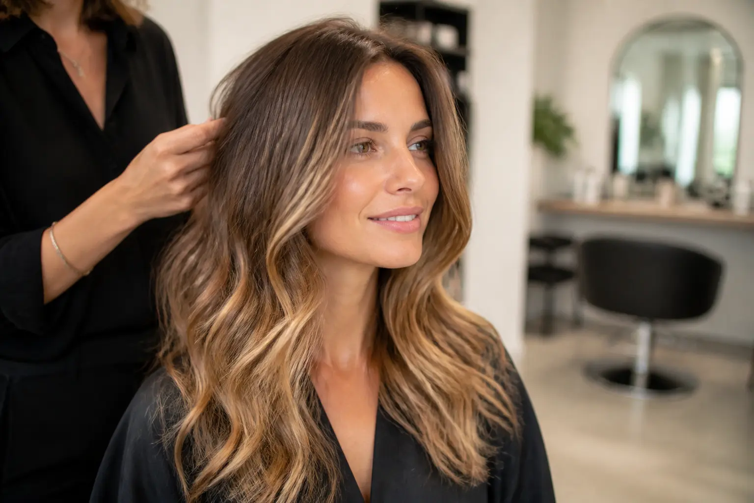Balayage californien subtil sur cheveux longs, reflets caramel et miel, salon lumineux, portrait naturel élégant