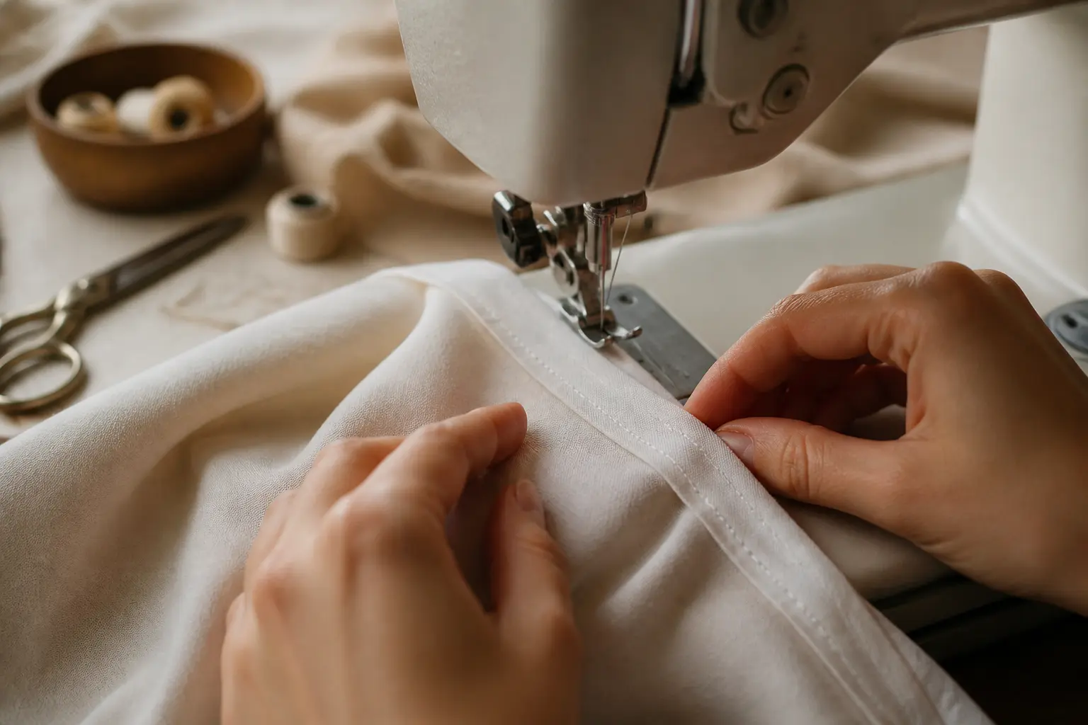 Couture anglaise sur tissu fin à la machine, mains guidant une finition intérieure soignée en atelier lumineux