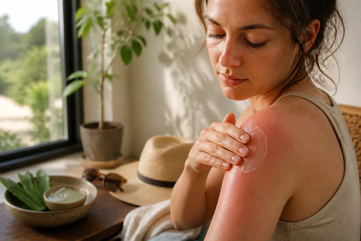 creme coup de soleil appliquée sur un léger coup de soleil au bras, ambiance douce près d’une fenêtre, soins apaisants