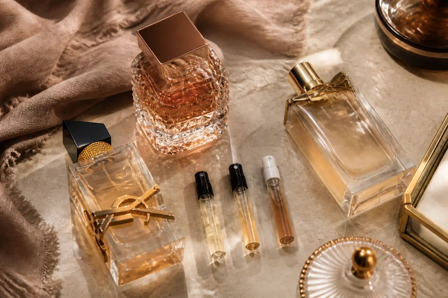 Dupe parfum de luxe en flat lay avec flacons, échantillons et accessoires sur marbre aux tons chauds