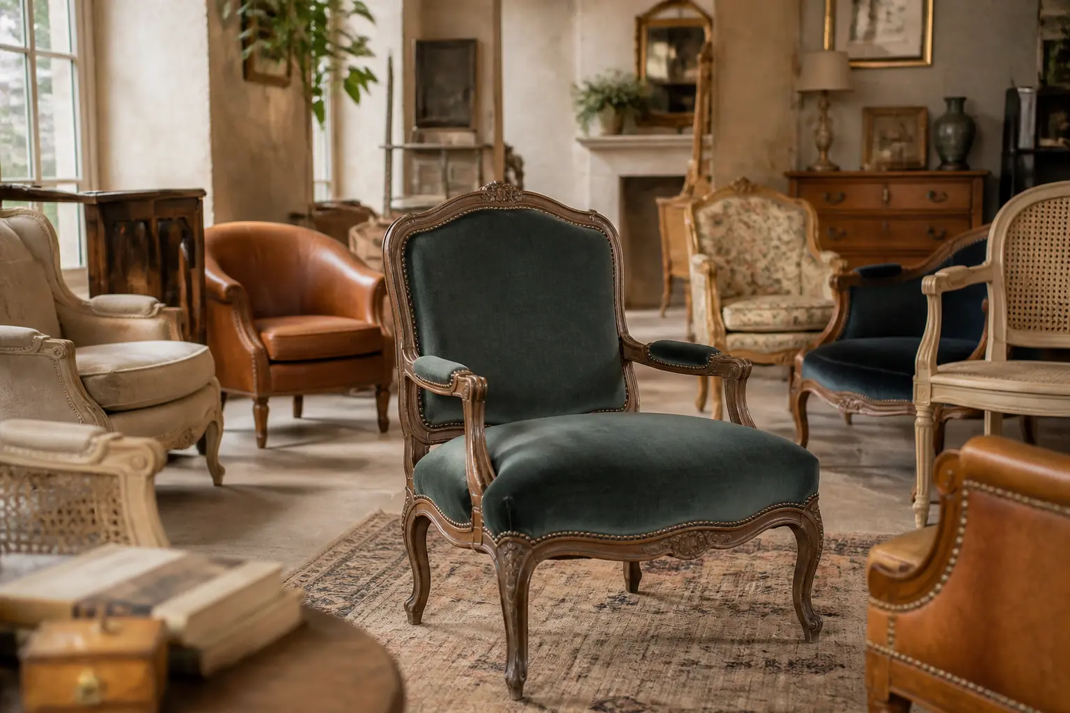 Fauteuil ancien authentique dans un intérieur élégant, avec styles bergère, cabriolet et Voltaire en arrière-plan.