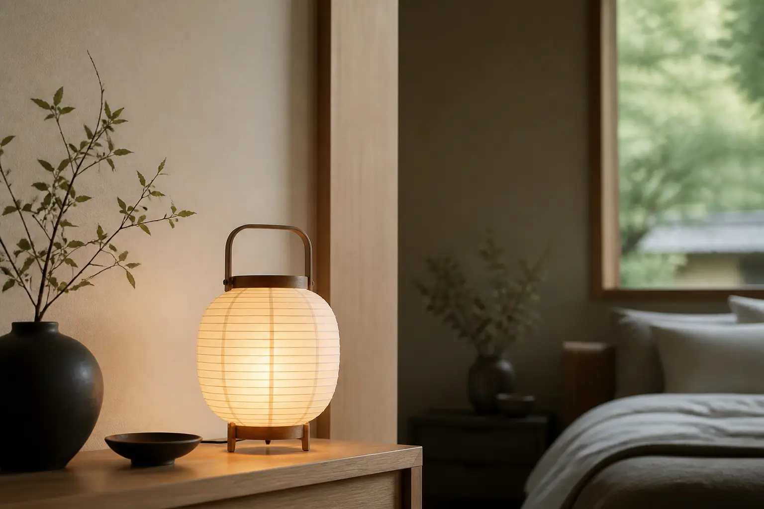 Lampe japonaise en papier washi dans un intérieur japandi minimaliste, ambiance douce et chaleureuse, lumière naturelle.