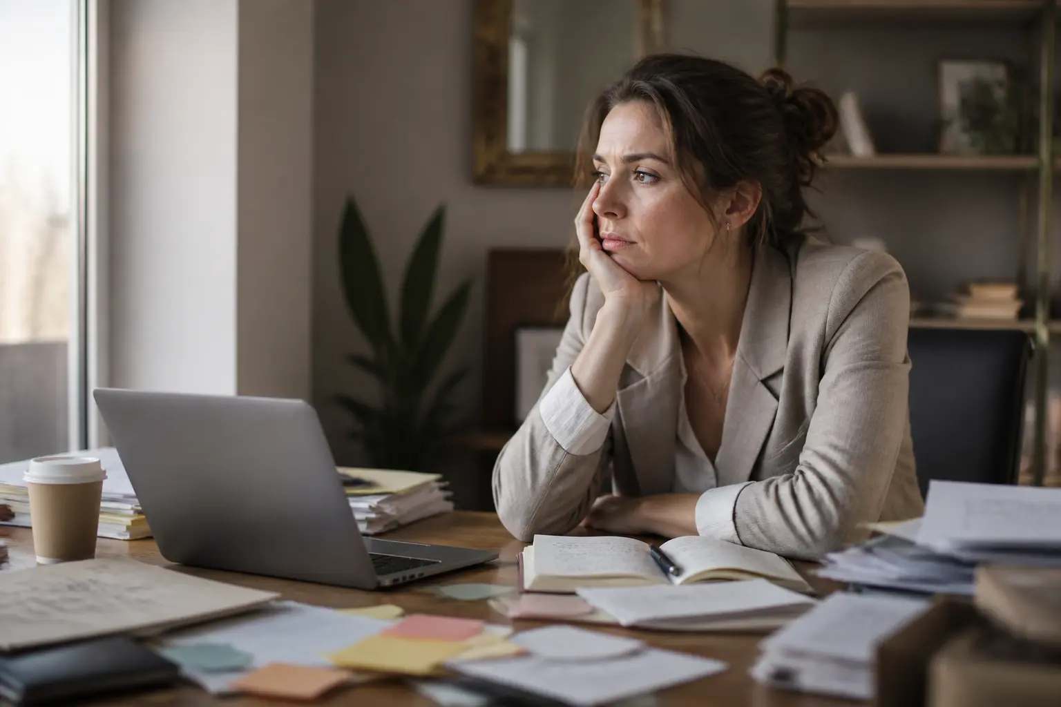 Femme épuisée à son bureau, illustrant les 12 étapes du burn-out dans un décor professionnel encombré et lumineux