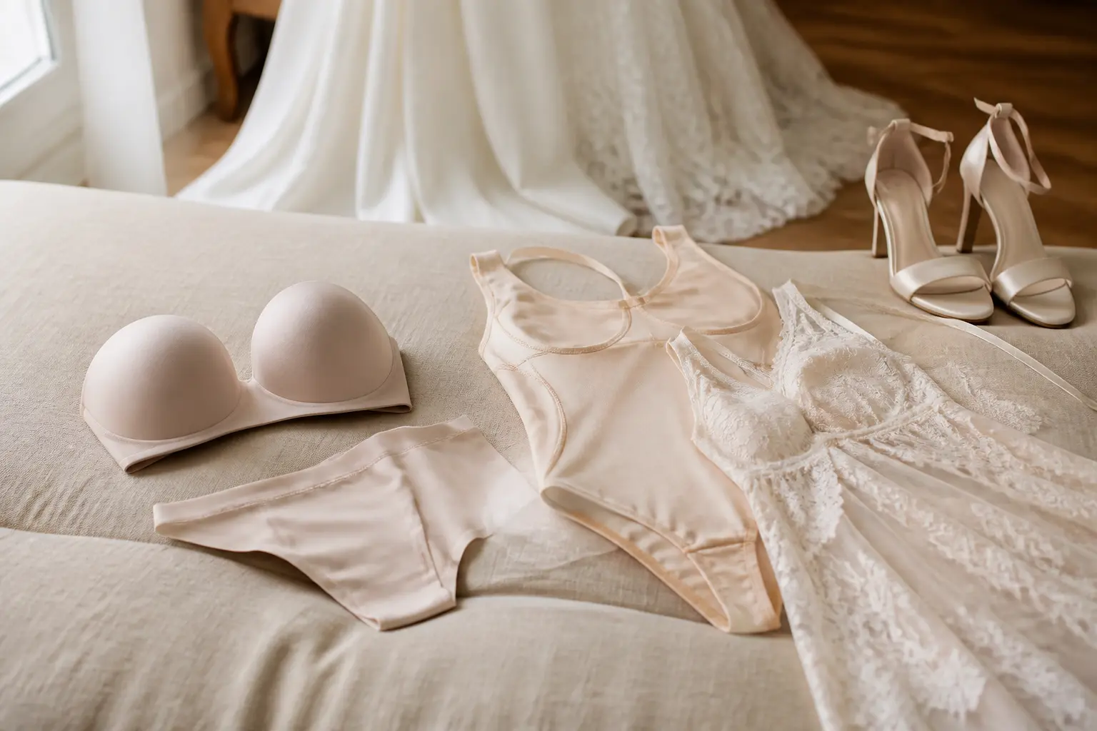 Lingerie mariage élégante sur tissu neutre, avec robe de mariée floue, soutien-gorge bandeau, culotte invisible et body gainant.