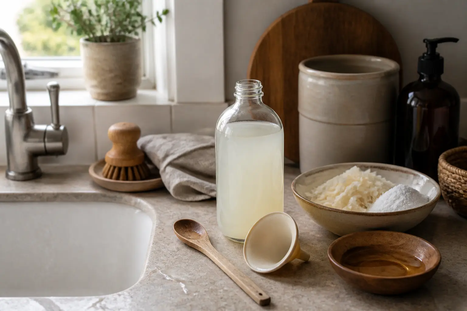 Liquide vaisselle maison dans une cuisine chaleureuse, avec bouteille en verre, ingrédients naturels et ustensiles réutilisables
