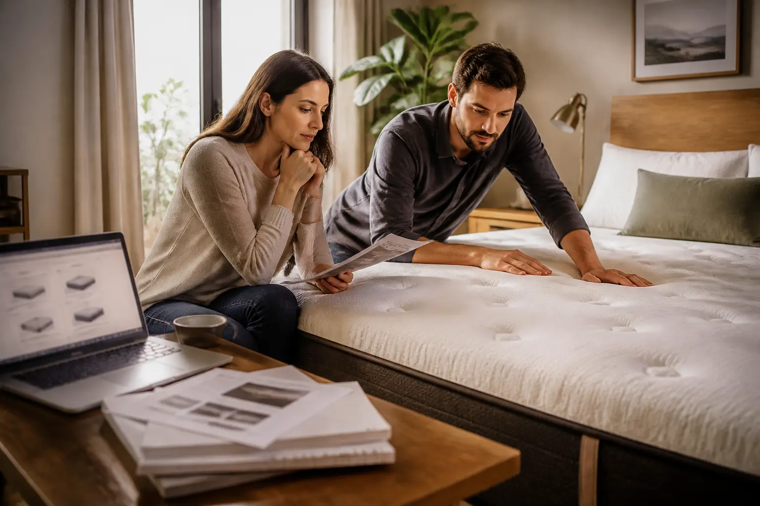 Marque de matelas à éviter : couple inspectant un matelas dans une chambre moderne avec checklist et ordinateur ouvert
