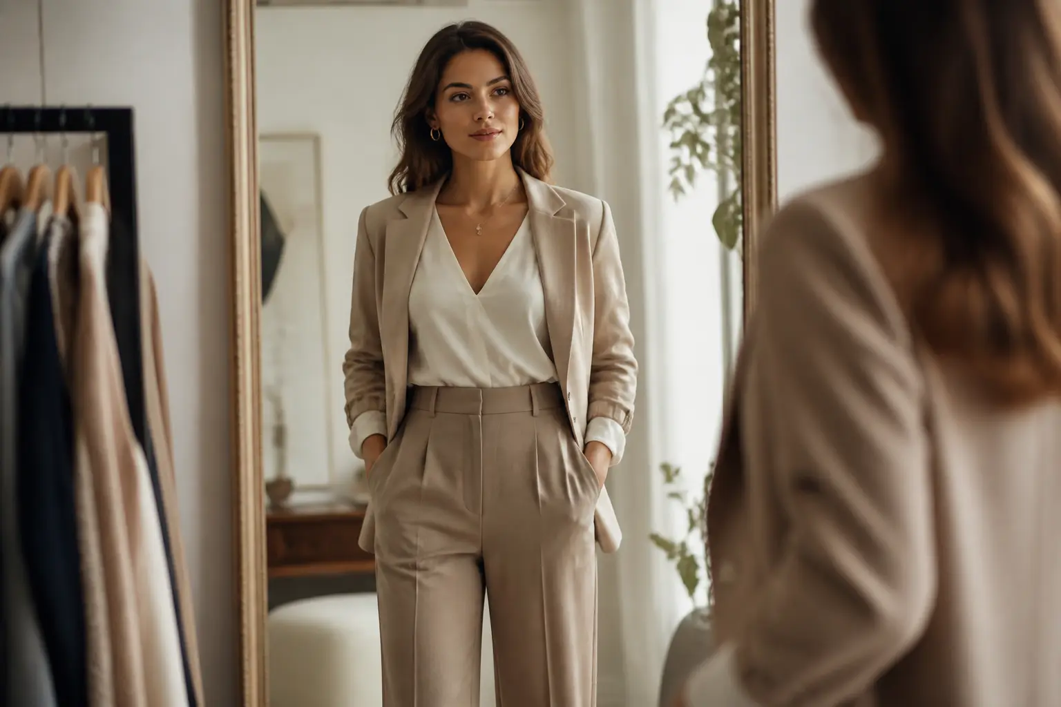 Conseils mode pour morphologie en h : femme élégante devant un miroir, tenue fluide et blazer cintré, style premium.