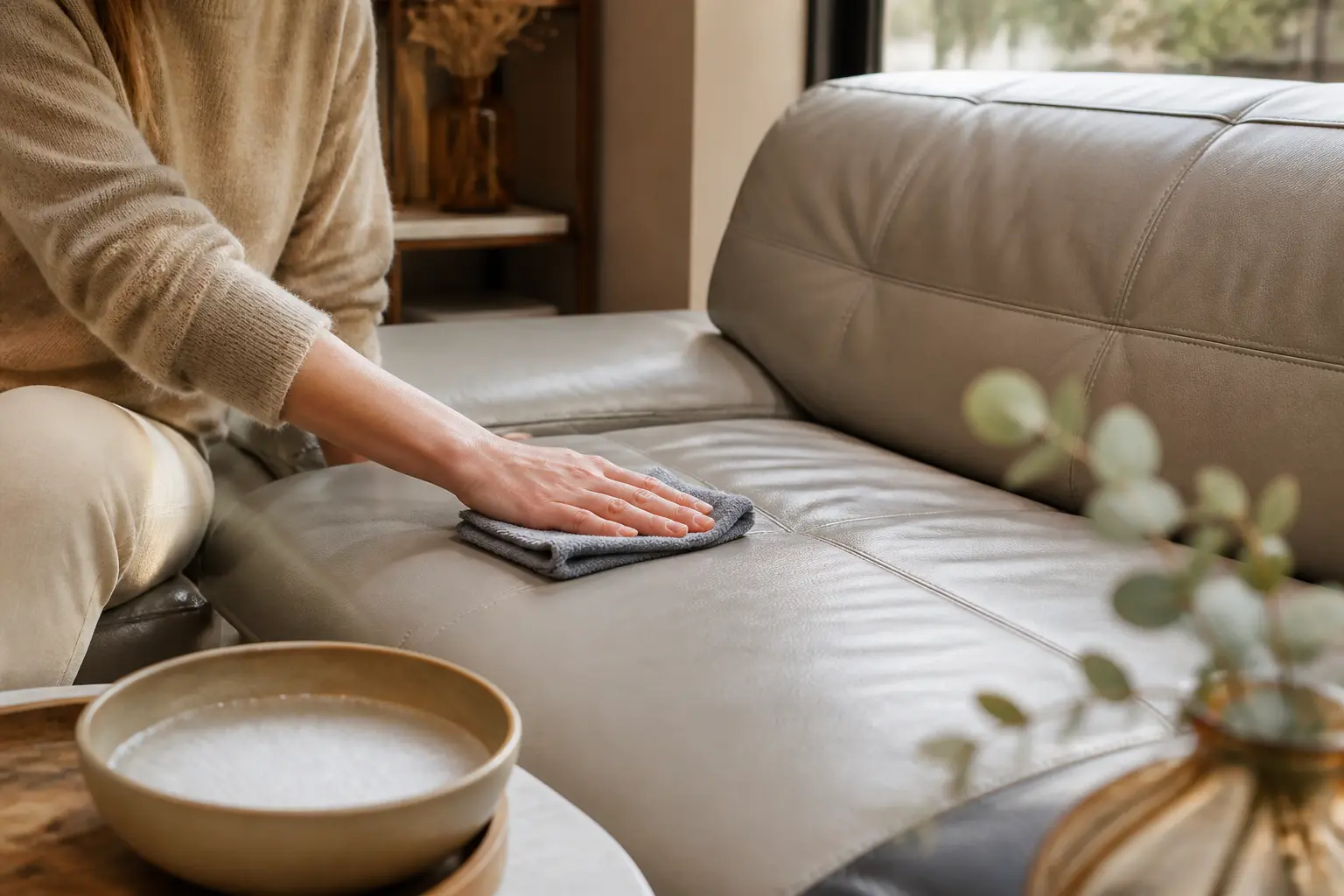 Nettoyer canapé cuir : main essuyant un canapé en cuir clair avec chiffon microfibre, salon chaleureux et élégant.