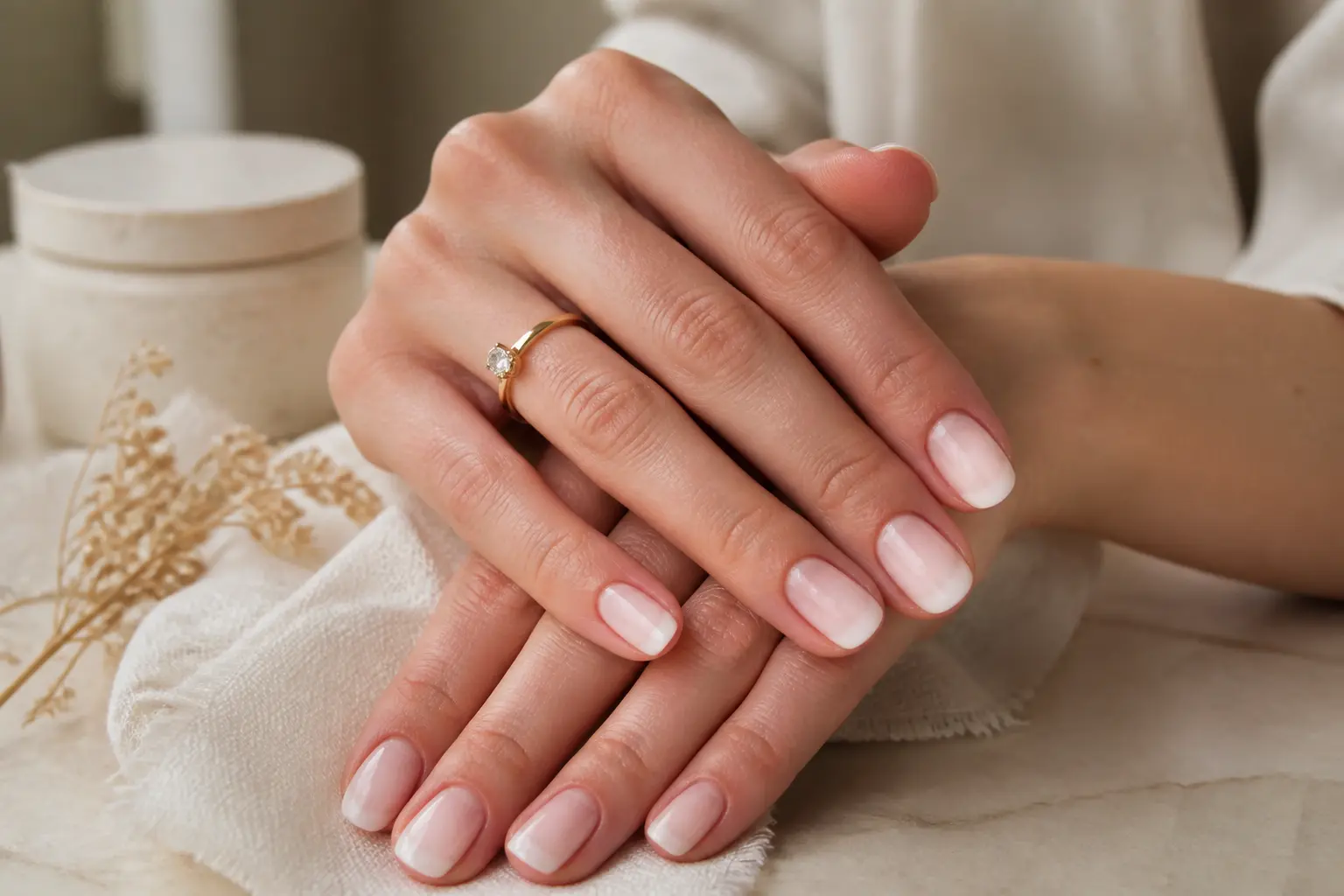 Mains élégantes avec ongle baby boomer nude et blanc, manucure raffinée sur fond neutre lumineux.