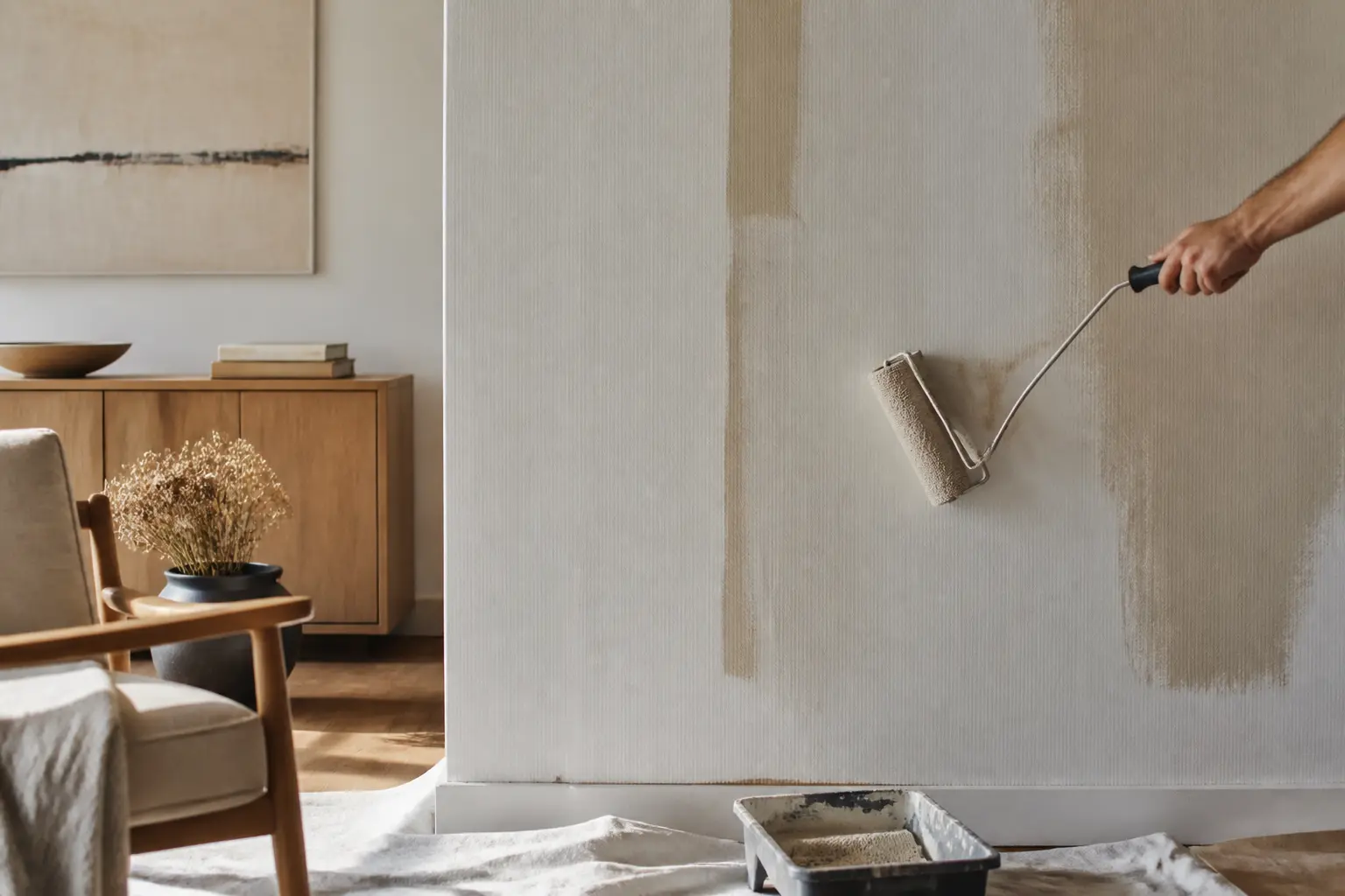 Salon rénové avec papier peint à peindre, peintre appliquant une teinte neutre sur un mur texturé, rouleau à côté