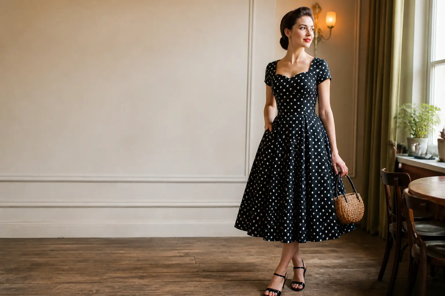 Femme en robe année 50 à taille cintrée et jupe évasée, dans un intérieur vintage élégant, style éditorial.