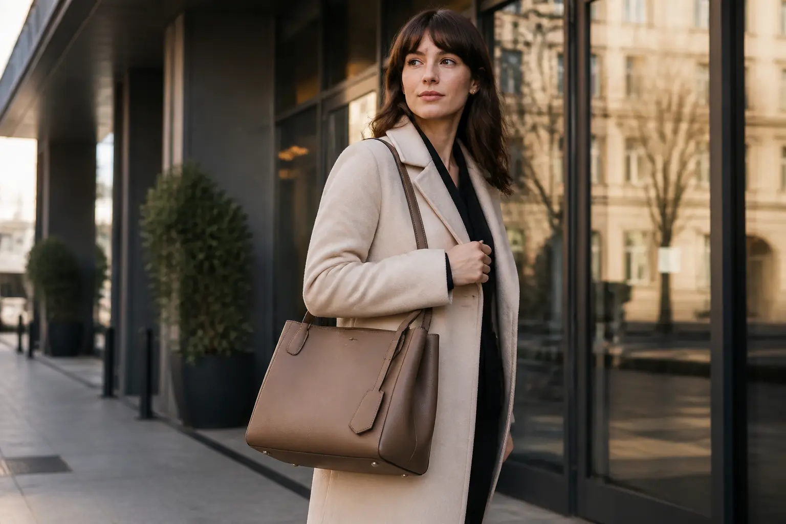 Sac pour travailler femme élégant porté par une businesswoman, format A4, laptop et essentiels, en ville le matin