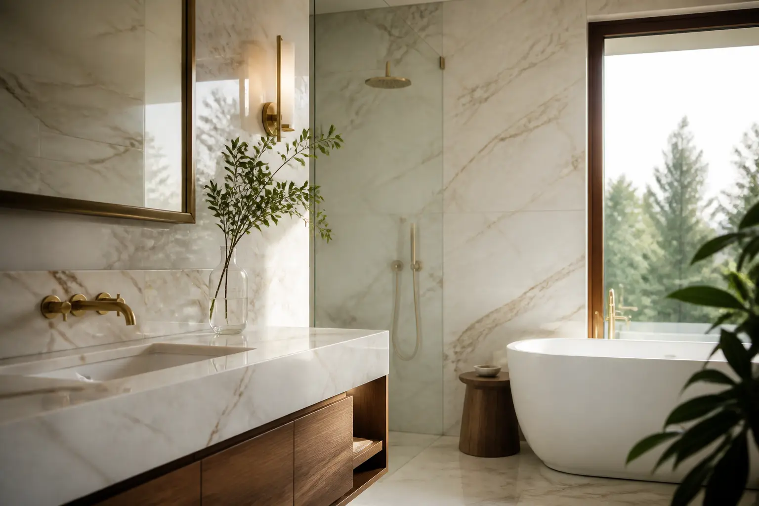 Salle de bain marbre moderne et lumineuse, vasque en marbre, bois clair, robinetterie noire, ambiance luxe apaisante