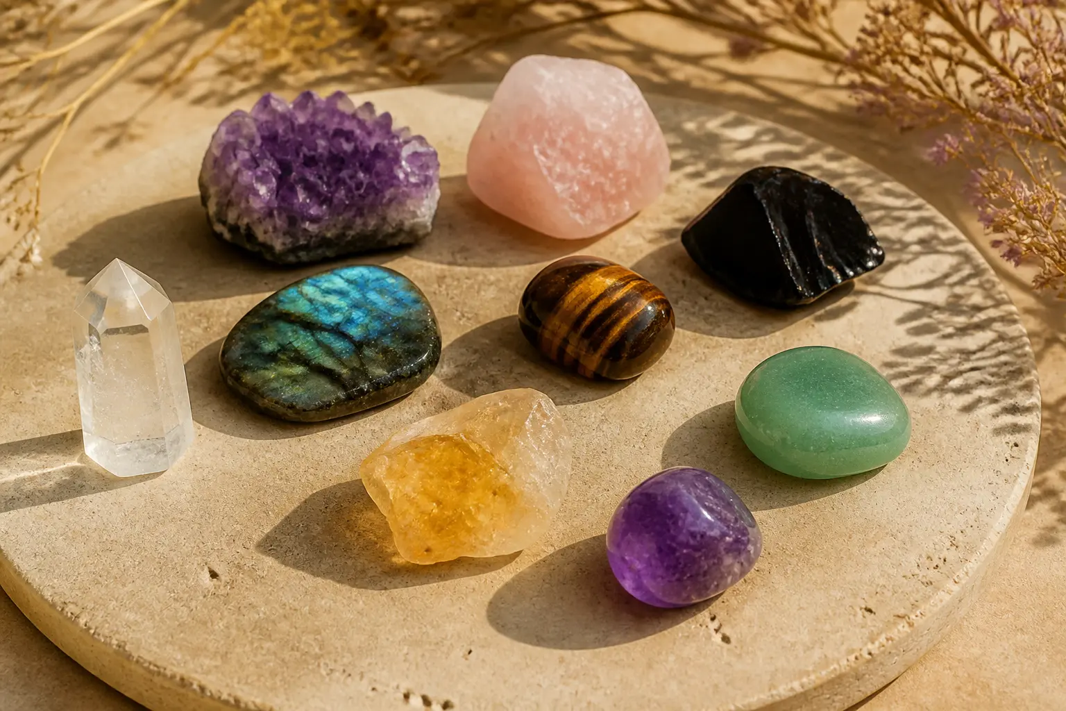 Signification des pierres : flat lay de cristaux et minéraux naturels sur fond chaud, style éditorial premium.