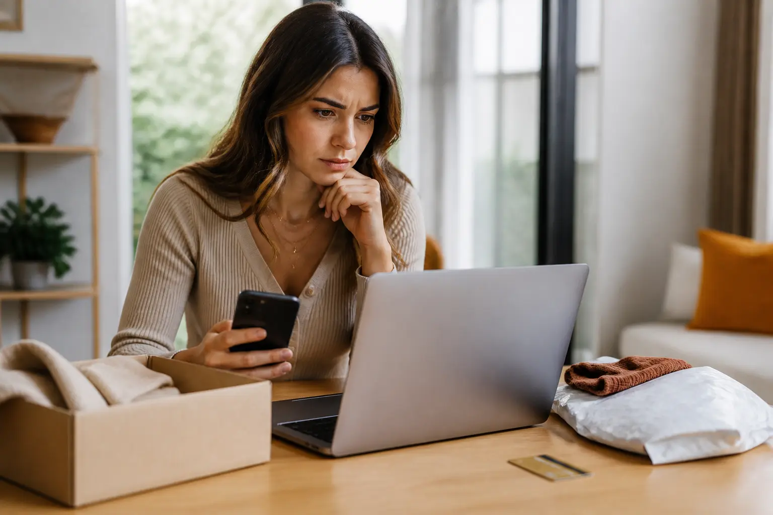 Jeune femme vérifiant un site de vêtement à éviter sur laptop, avec smartphone, colis, carte et alertes d’achat en ligne
