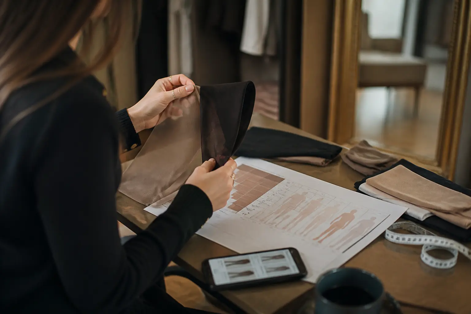 Choisir la bonne taille collant : mains comparant deux paires de collants avec guide de tailles et smartphone shopping