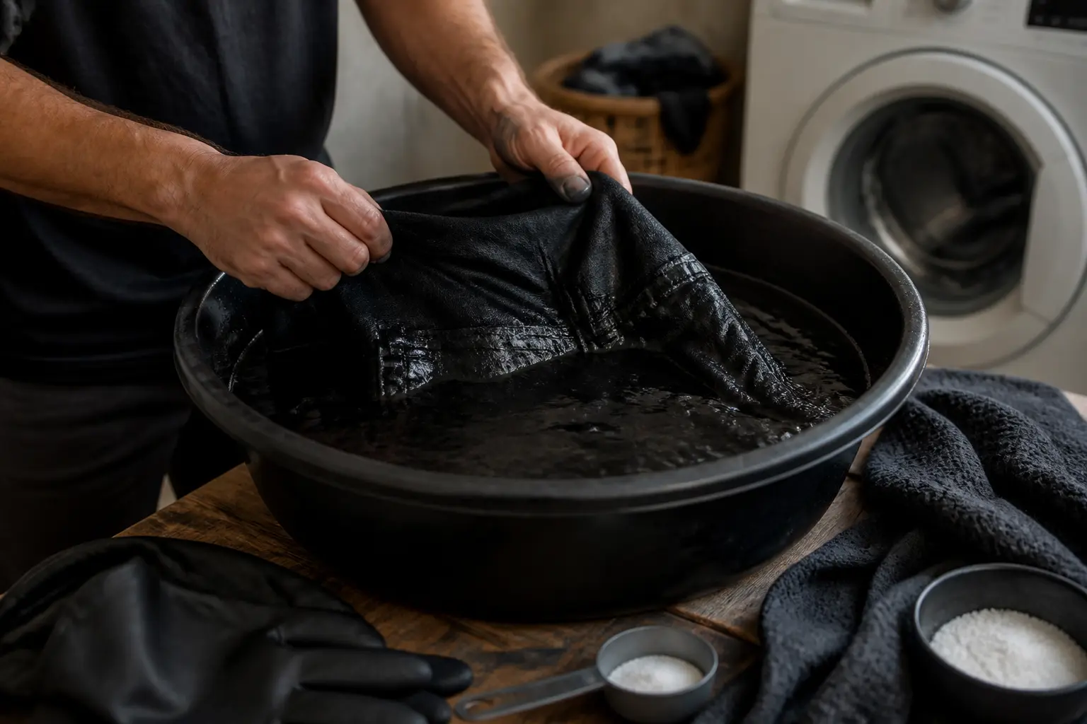 Teindre en noir un vetement dans une bassine, avec gants, sel, doseur et machine à laver en arrière-plan