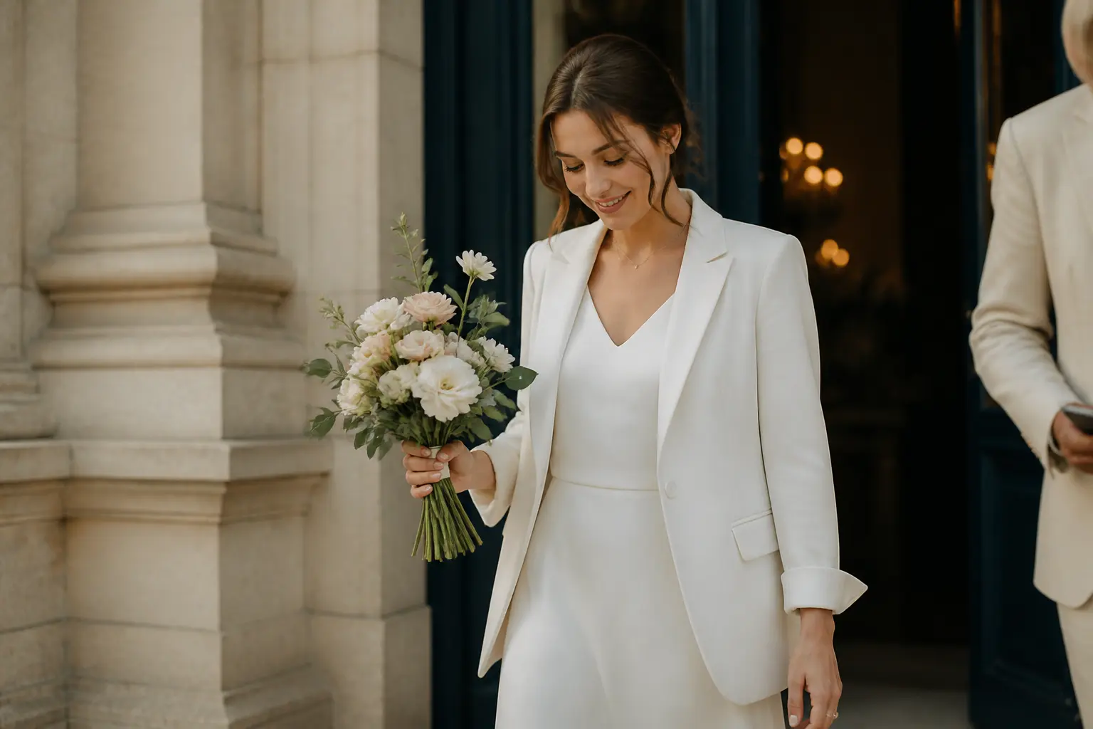 Tenue pour le mariage civil chic : mariée en robe midi ivoire devant la mairie, ambiance urbaine élégante et lumineuse