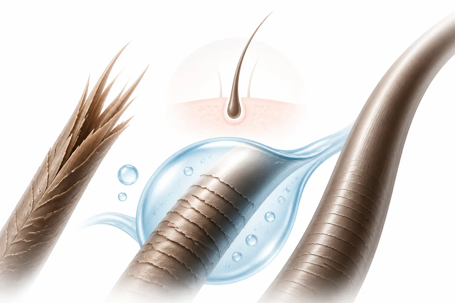 Acide hyaluronique cheveux : mèche abîmée hydratée par une goutte bleue, pointes sèches et fibre souple