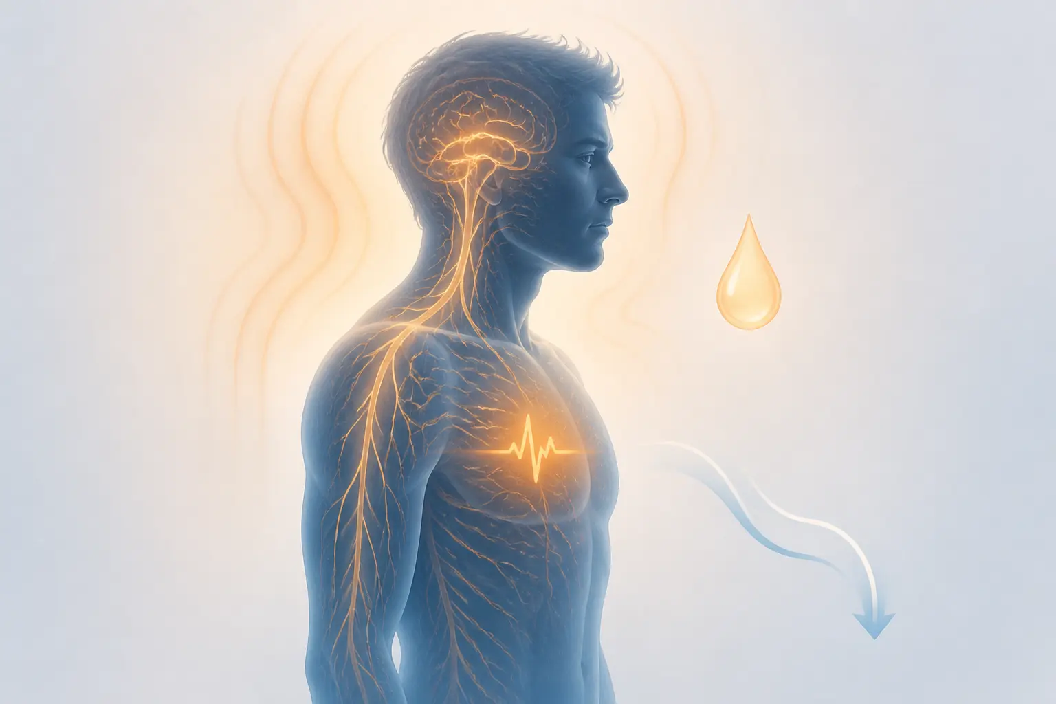 Illustration anti stress naturel : torse en profil, système nerveux lumineux et signes de tension.