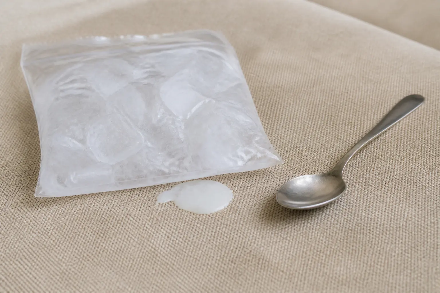 Astuce de grand-mère pour enlever la cire : glaçons sur une tache de cire, cuillère prête à la retirer