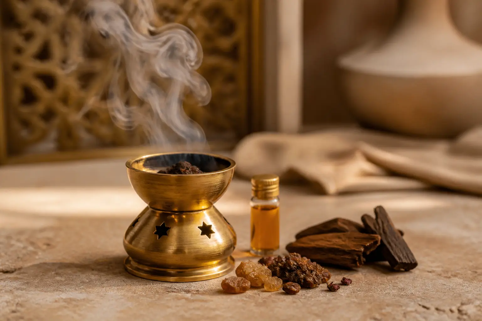 Bakhoor dans un brûleur en laiton, avec fumée parfumée, copeaux de bois et résine sur fond chaleureux.
