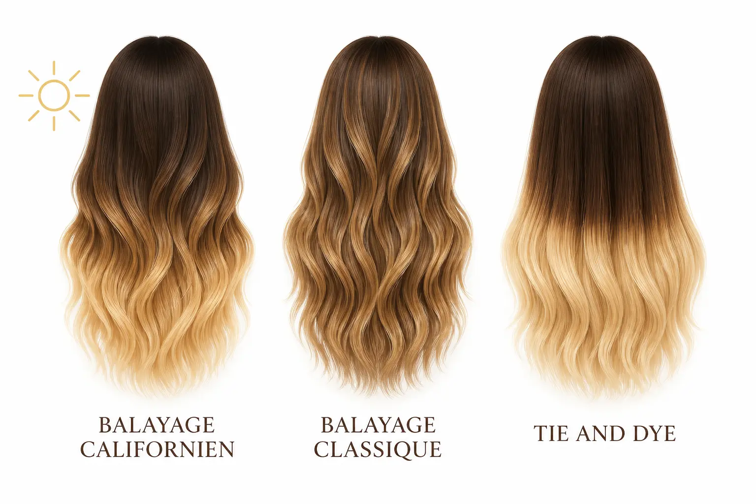 Comparatif du balayage californien, du balayage classique et du tie and dye sur trois mèches