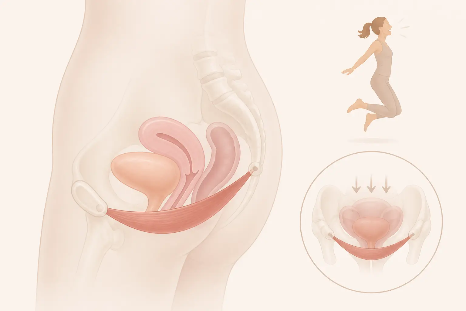 Comment muscler son périnée : schéma du plancher pelvien en hamac discret entre pubis et coccyx.