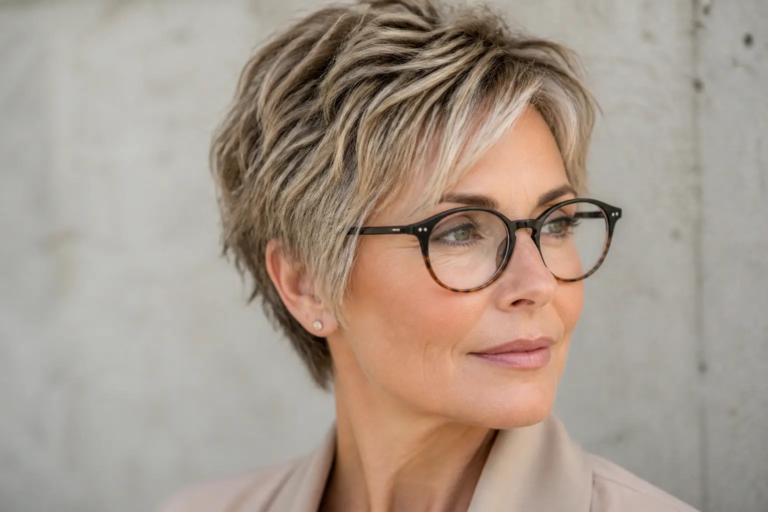 Coupe de cheveux femme 50 ans avec lunettes : coupe courte texturée, élégante et moderne