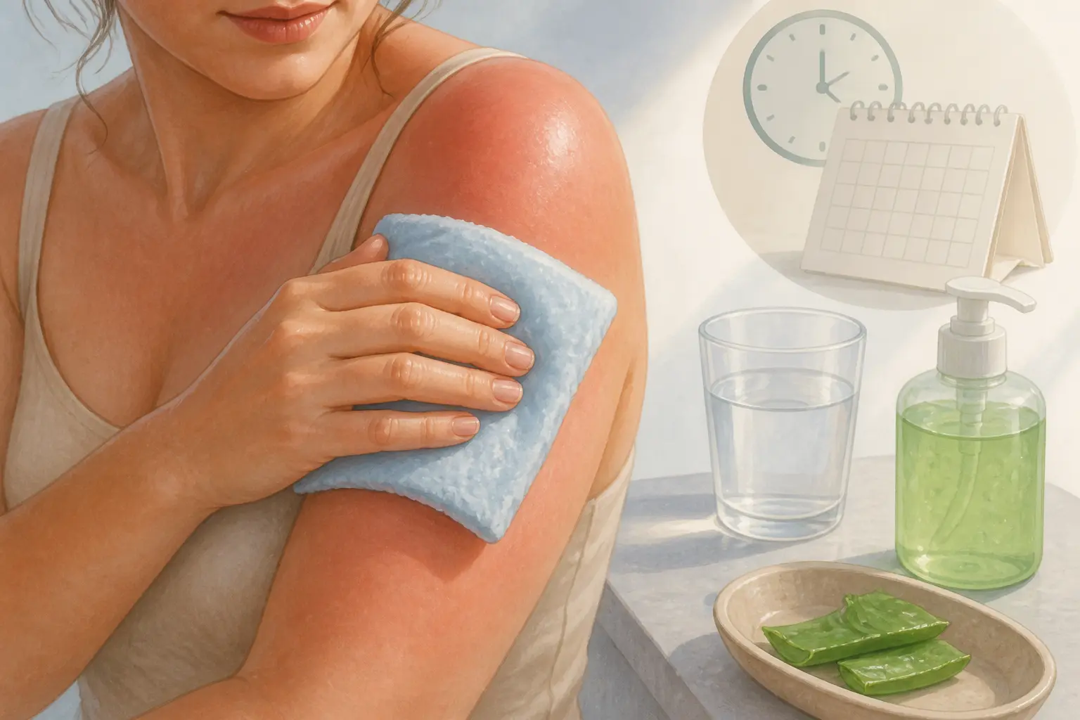creme coup de soleil : épaule brûlée refroidie par compresse humide, verre d’eau, gel d’aloe et suivi 24–48 h