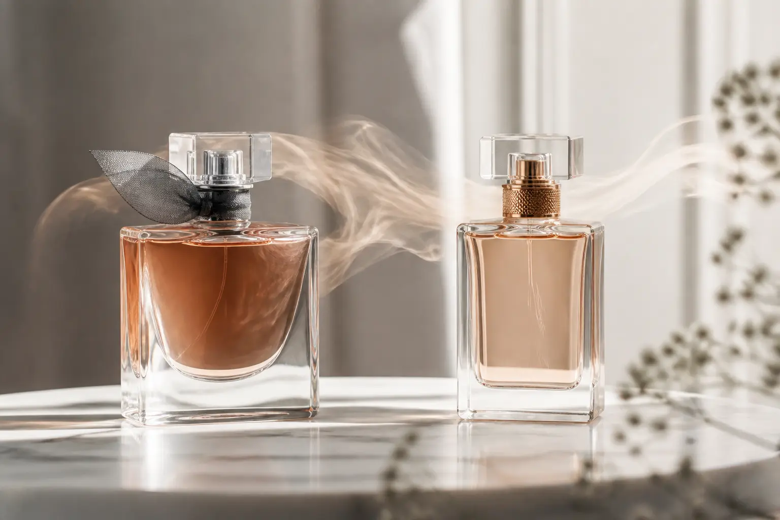Deux flacons de dupe parfum et d’original côte à côte, ambiance luxe, aura olfactive subtile.