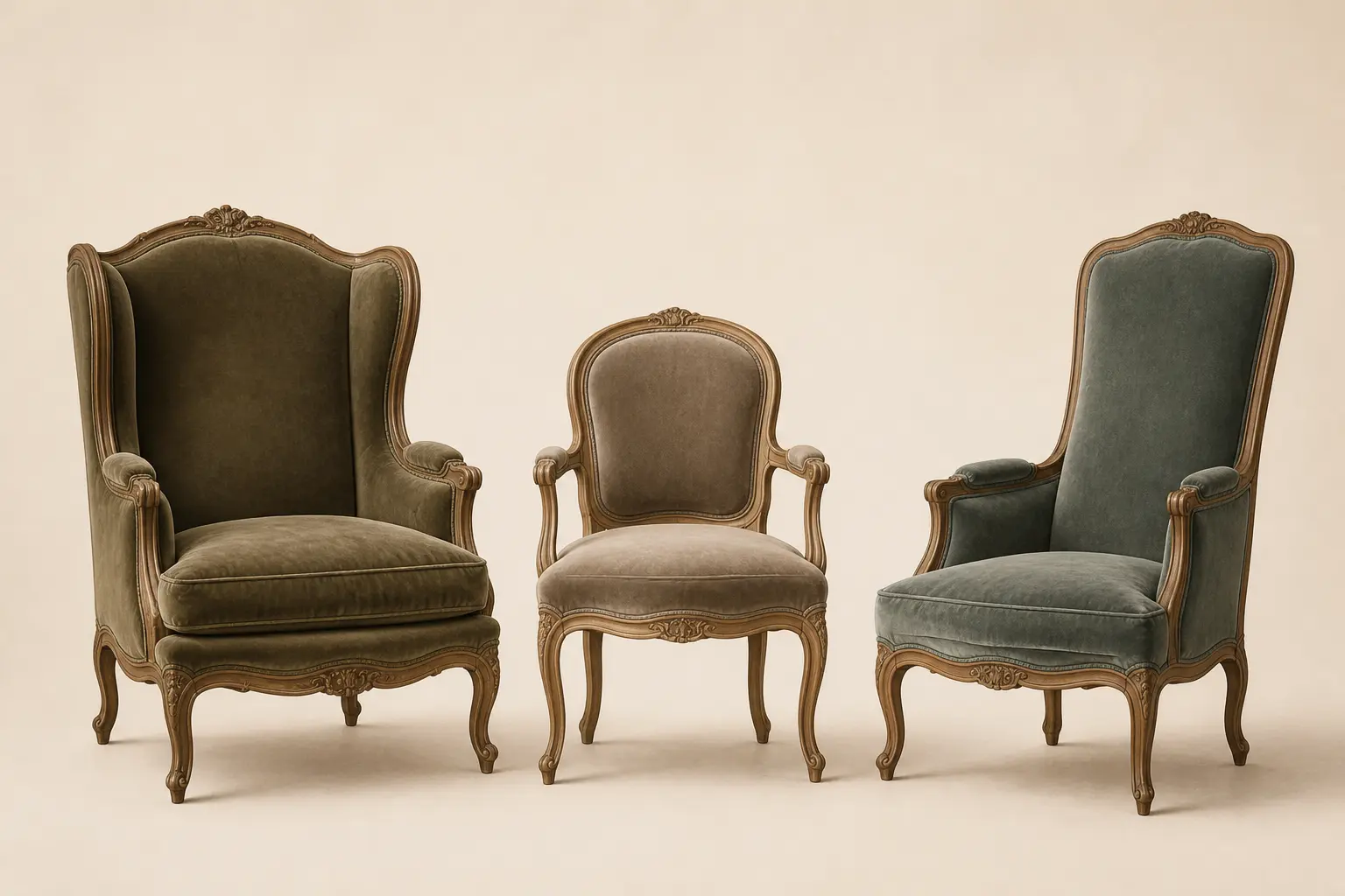 Trois fauteuils anciens classiques : bergère, cabriolet et Voltaire, en illustration épurée.