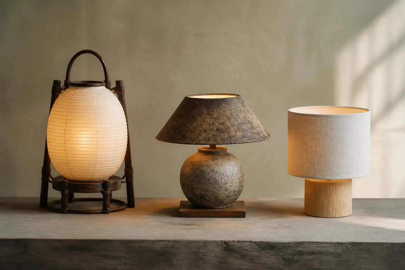 Lampe japonaise traditionnelle, wabi-sabi et japandi alignées sur fond neutre, style premium