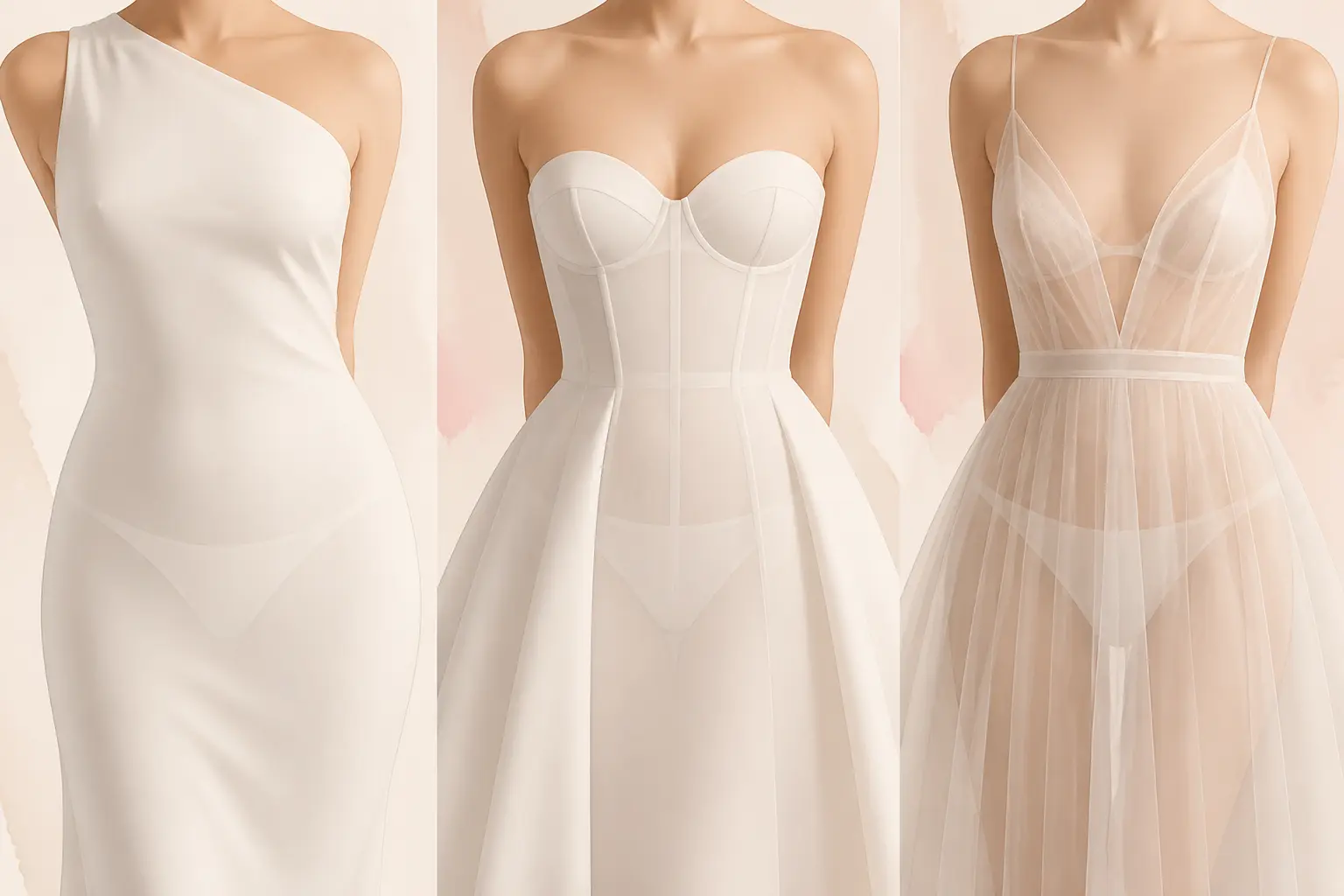 Lingerie mariage : trois coupes de robe, crepe, bustier et tulle, avec lingerie discrète adaptée.