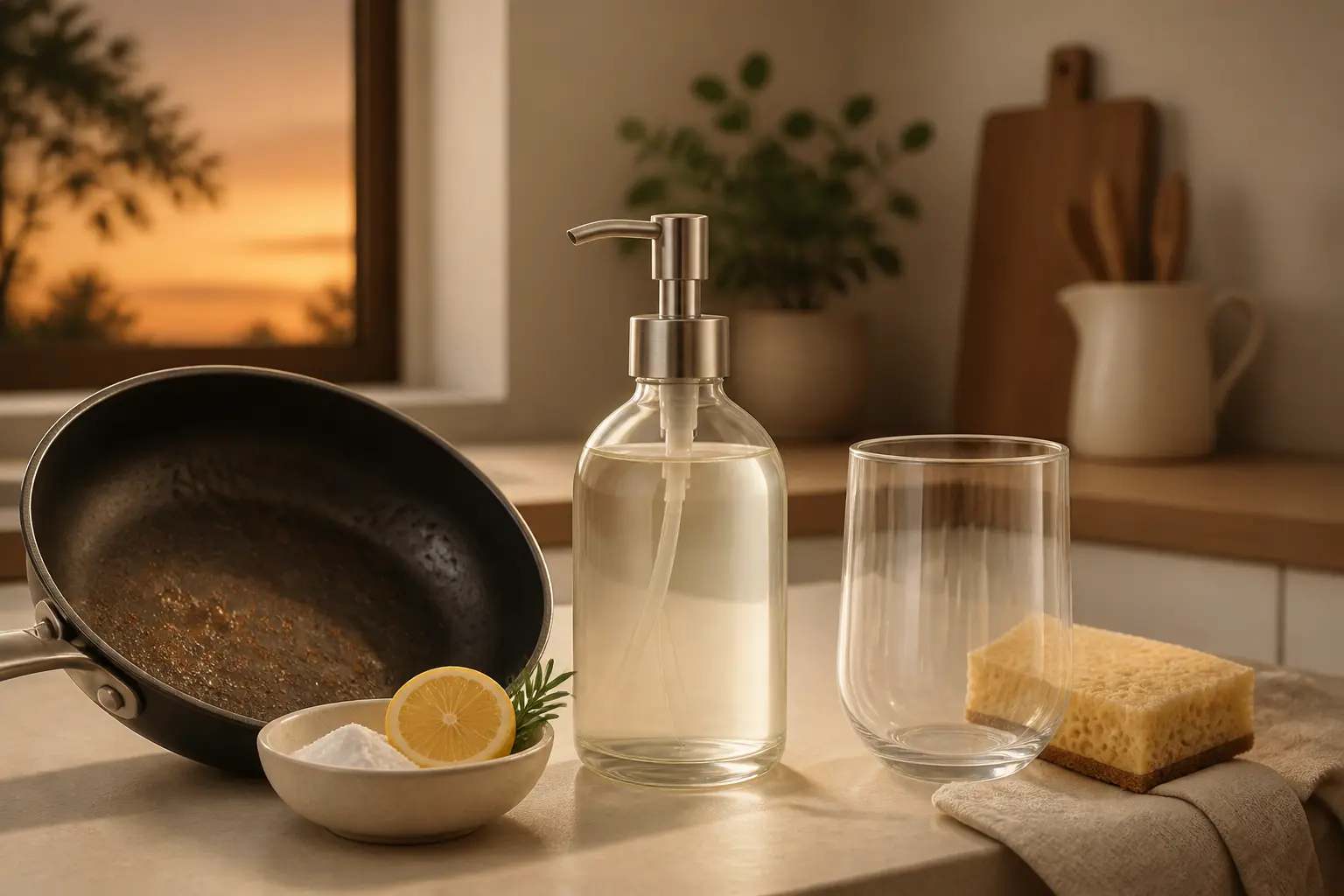 Liquide vaisselle maison dans une cuisine minimaliste avec flacon en verre, ingrédients naturels, poêle grasse et verre propre.