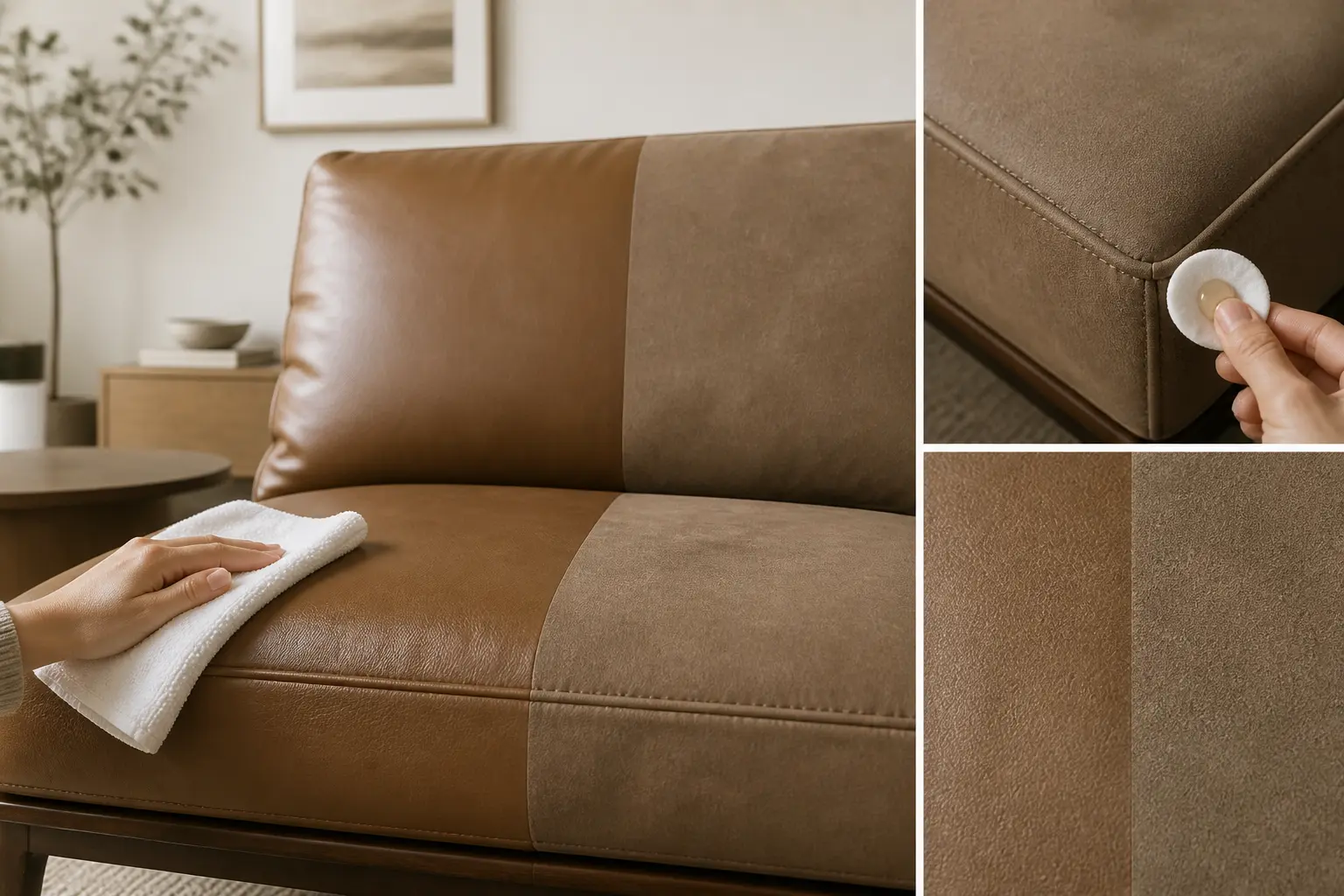 Nettoyer canapé cuir : comparaison entre cuir lisse et nubuck, avec test discret au chiffon microfibre.