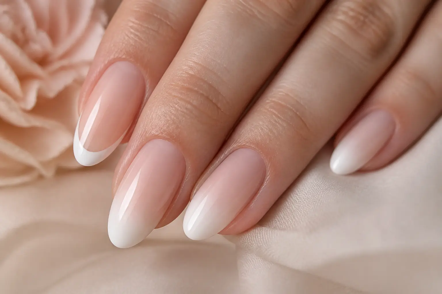 Ongle baby boomer sur mains élégantes, dégradé nude vers blanc et un ongle French tip contrasté