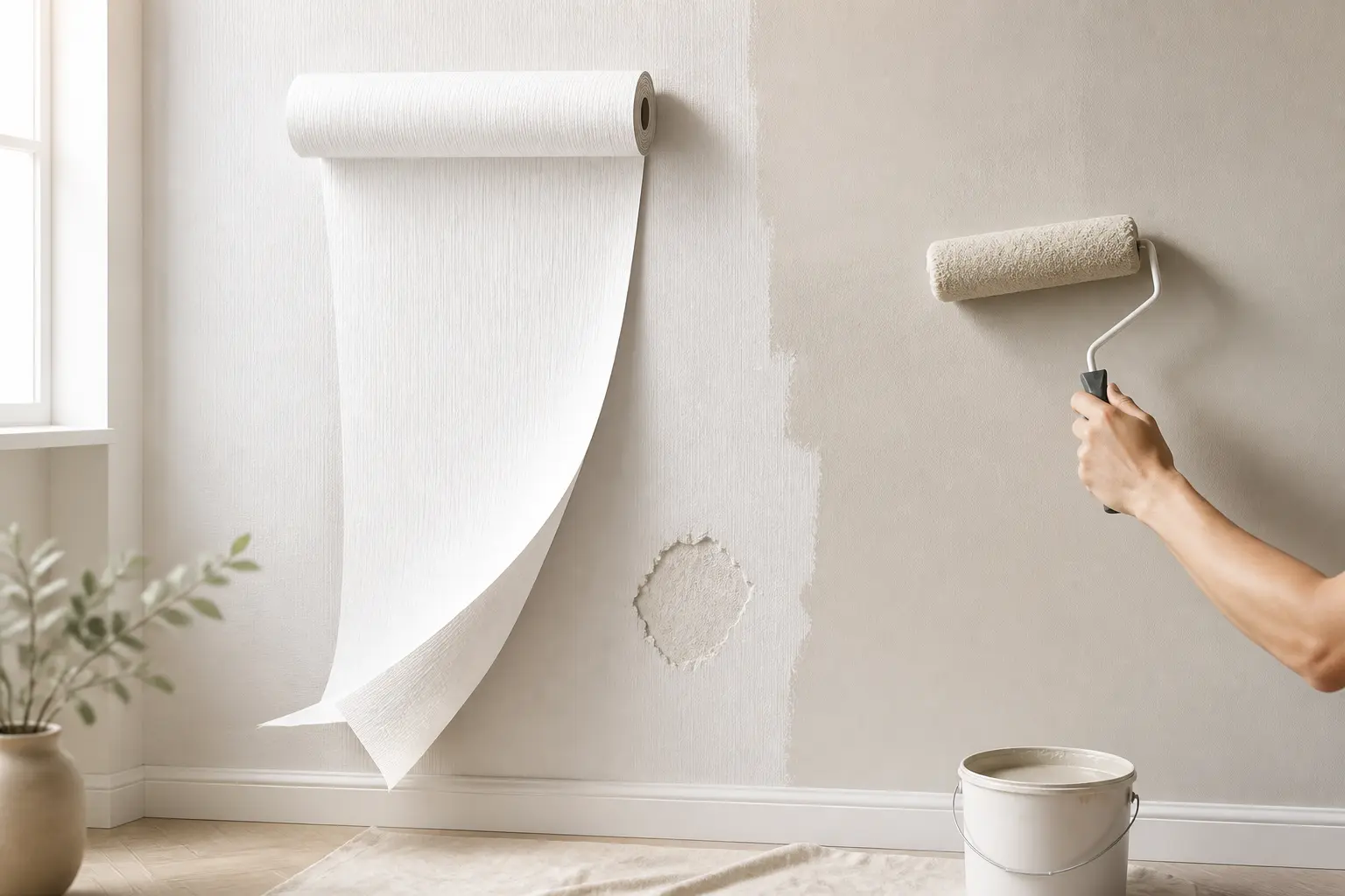Papier peint à peindre sur mur légèrement imparfait, rouleau et rouleau de peinture en transformation