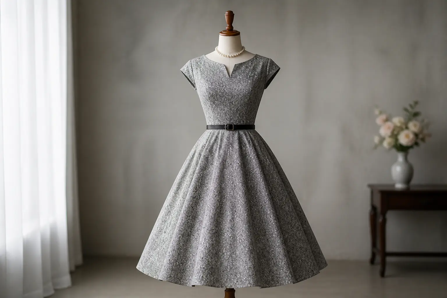 Robe année 50 sur mannequin : taille cintrée, buste ajusté, jupe évasée et collier de perles.